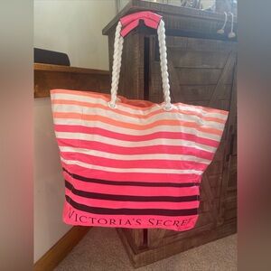 Victoria's Secret Large Canvas Striped Beach Tote Bag with Twisted Rope Handles